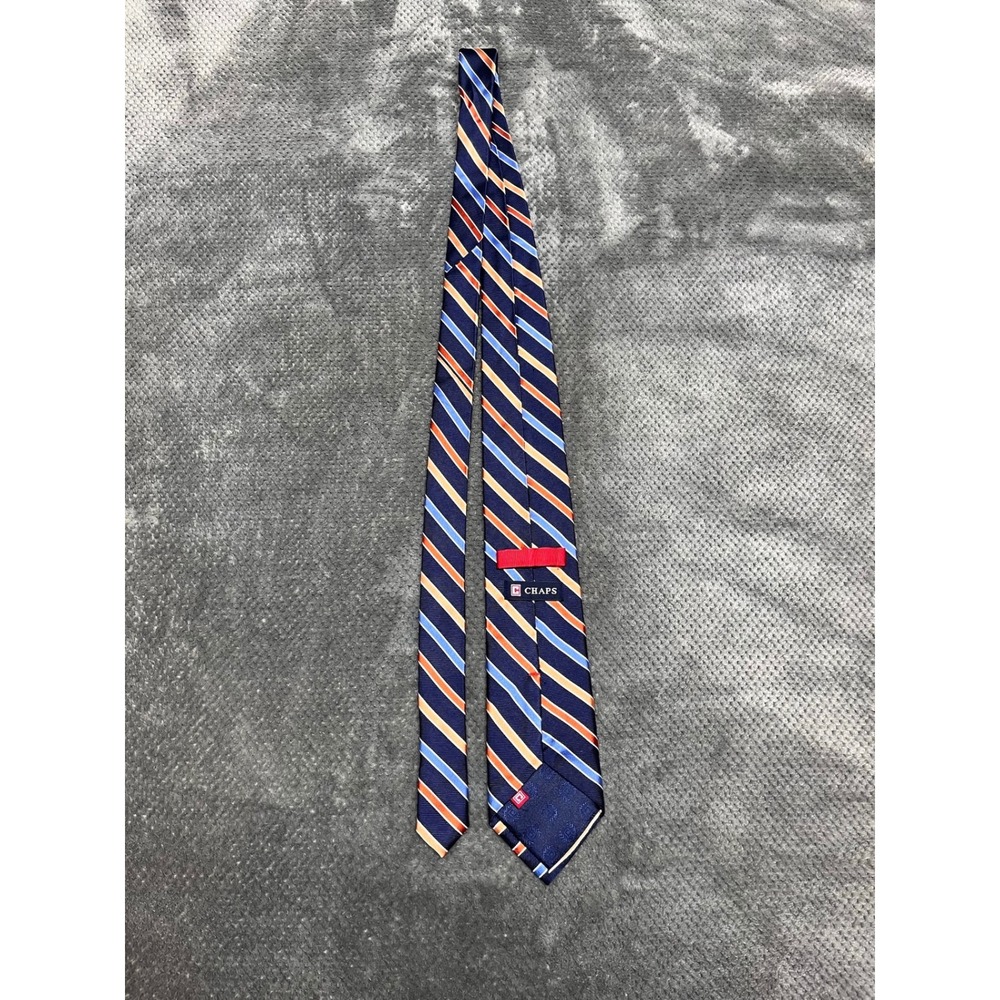 Chaps Mens Silk Necktie Navy Blue Orange Light Blue Striped Formal Business Tie - Picture 3 of 6